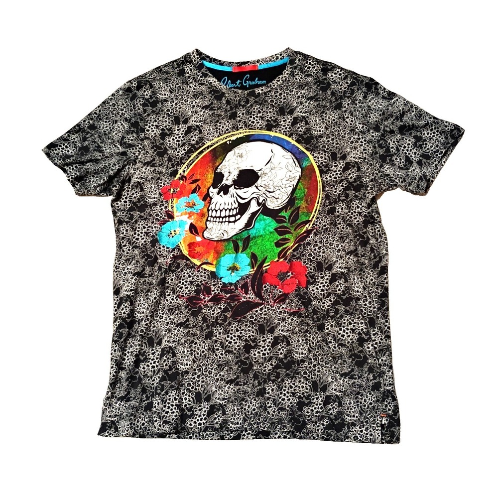Robert Graham Sinful Skull Embroidered Flowers T-Shirt Size Medium  100% Cotton
